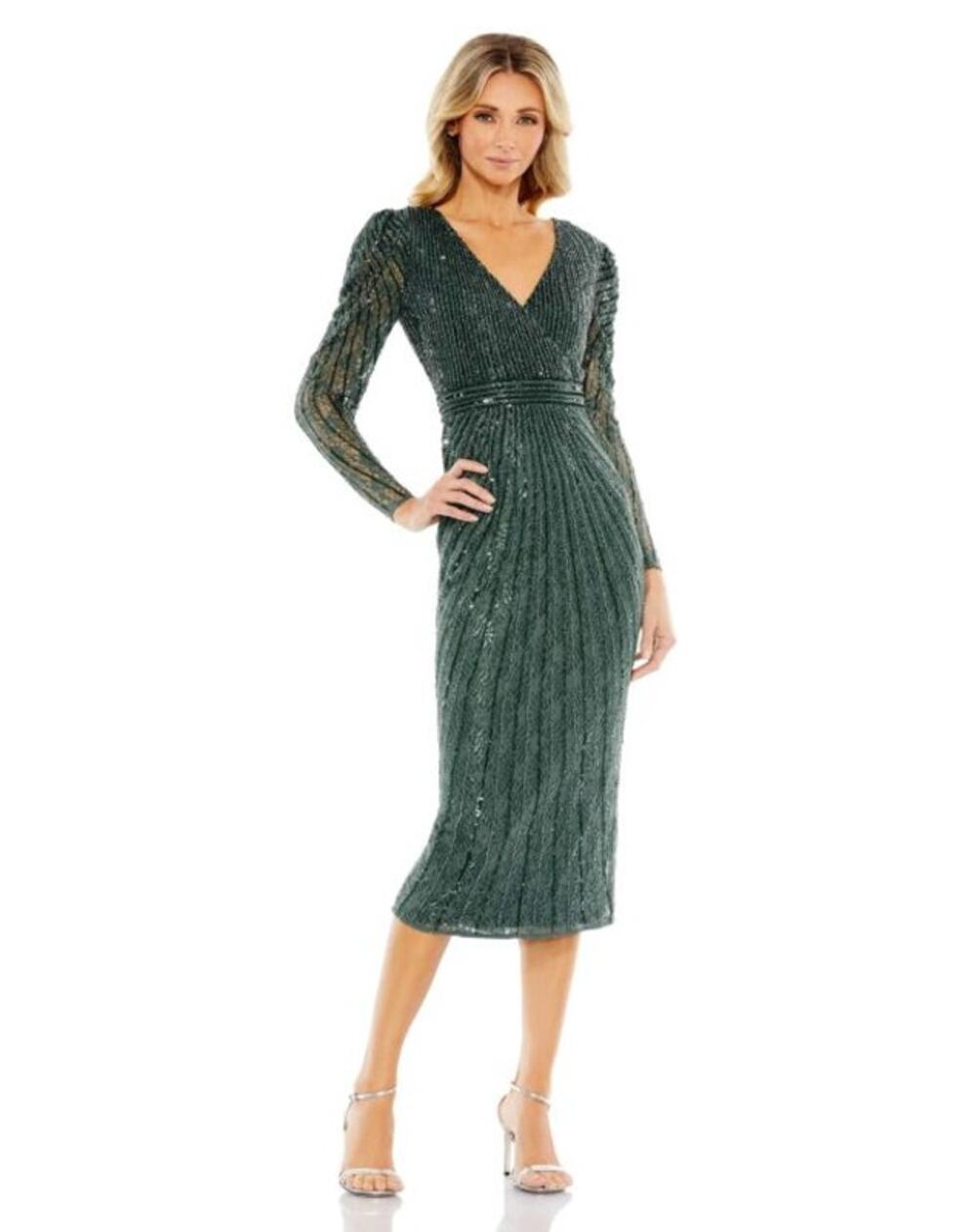 Mac Duggal 93676 Beaded Lace Long Sleeve Midi Dress in Dark Green Size 0